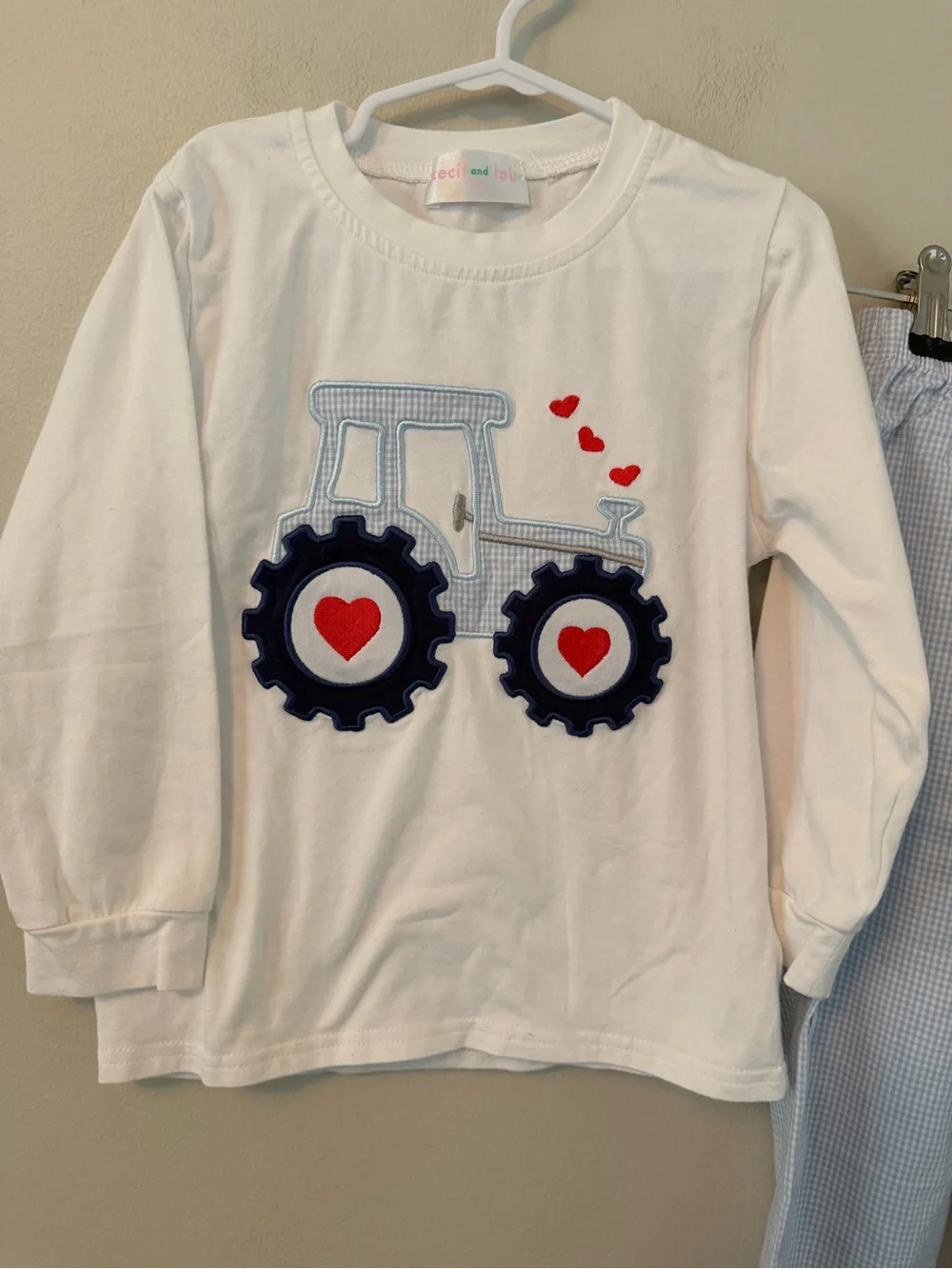 Cecil and Lou White Tractor Shirt with Blue Gingham Pants